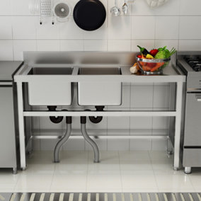 2 Compartment Commercial Floorstanding Stainless Steel Kitchen Sink with Right Drinboard