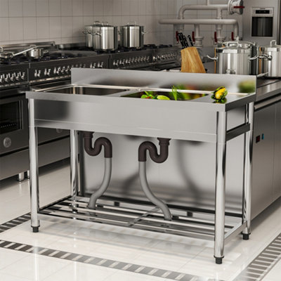 2 Compartments Commercial Floor Standing Stainless Steel Kitchen Sink with Right Drainboard 120 cm DIY at B Q