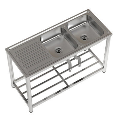 2 Compartments Commercial Freestanding Stainless Steel Kitchen Sink with Left Drainboard 120 cm