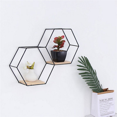 2 Compartments Modern Hexagon Wood Wall Shelf with Iron Frame