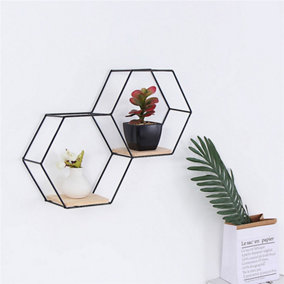 2 Compartments Modern Hexagon Wood Wall Shelf with Iron Frame