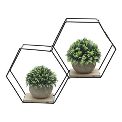 2 Compartments Modern Hexagon Wood Wall Shelf with Iron Frame