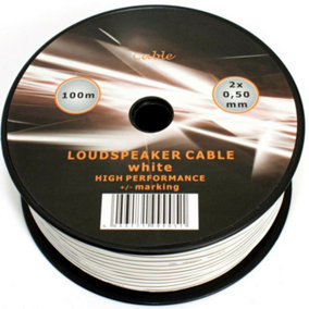 2 Core Speaker Cable 2 x 0.50mm Wire Ideal for Car Audio & Home HiFi LED (White, 100 Metres Drum)
