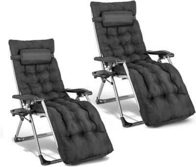 2 Deluxe Reclining Zero Gravity Chairs With Cushion & Garden Cup Holder Lounger Outdoor- Black