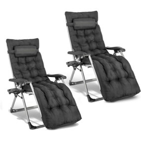 2 Deluxe Reclining Zero Gravity Chairs With Cushion & Garden Cup Holder Lounger Outdoor- Black