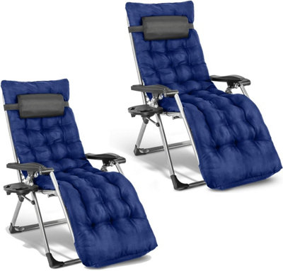 2 Deluxe Reclining Zero Gravity Chairs With Cushion & Garden Cup Holder Lounger Outdoor - Blue