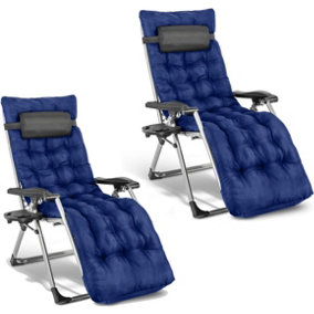 2 Deluxe Reclining Zero Gravity Chairs With Cushion & Garden Cup Holder Lounger Outdoor - Blue