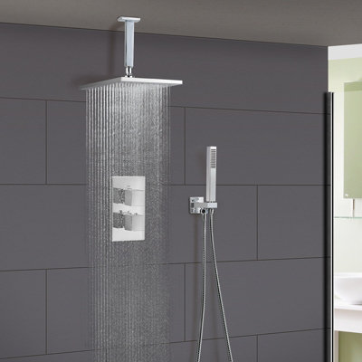 2 DIAL 2 WAY SQUARE CONCEALED THERMOSTATIC MIXER VALVE CEILING HAND SHOWER SET