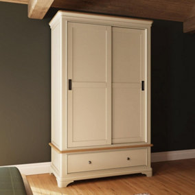 2 Door 1 Drawer Sliding 1.2M Combination Wardrobe Putty Painted Oak