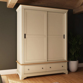 2 Door 2 Drawer Sliding 1.5M Combination Wardrobe Putty Painted Oak