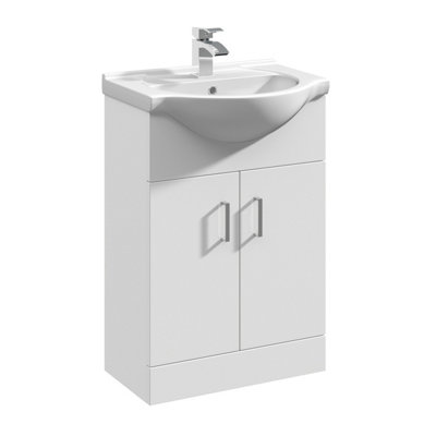 2 Door Bathroom Vanity Basin Unit with Round Basin - 550mm - Gloss White