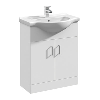 2 Door Bathroom Vanity Basin Unit with Round Basin - 650mm - Gloss White