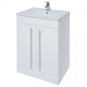 2 Door Floor Bathroom Standing Vanity Unit with Ceramic Basin 600mm Wide - White  - Brassware Not Included