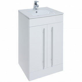 2-Door Floor Bathroom Standing Vanity Unit with Mid Depth Ceramic Basin 500mm Wide - White  - Brassware Not Included
