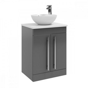2-Door Floor Standing Vanity Unit with Sit-On Basin and Worktop 600mm Wide - Storm Grey Gloss  - Brassware Not Included