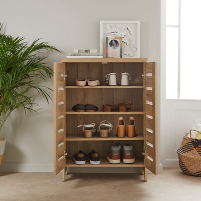 2 Door Light Oak Effect Slatted Shoe Storage Cabinet Unit