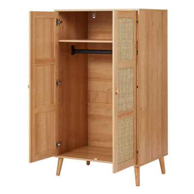 2-Door Rattan Wardrobe Closet with Hanging Rack - Natural