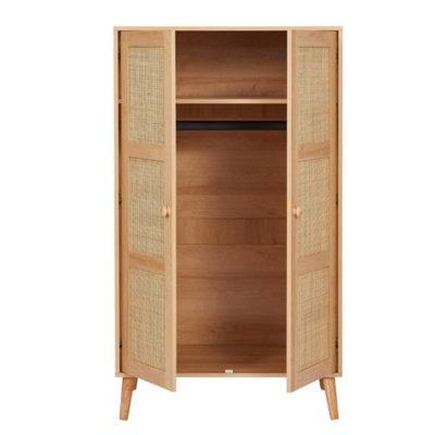 2-Door Rattan Wardrobe Closet with Hanging Rack - Natural