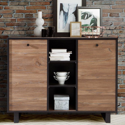 2 Door Sonoma Oak Sideboard With 3 Open Matt Black Shelves