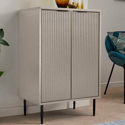 2 Door Storage Free Standing Cabinet Ribbed Design Beige and Black
