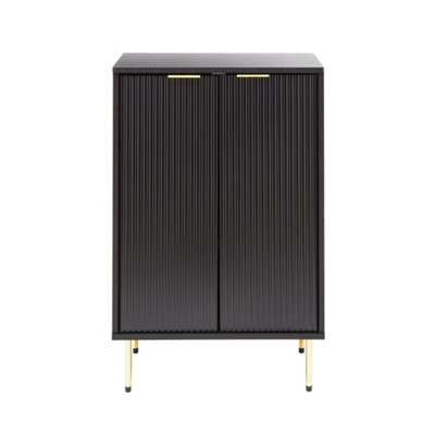 2 Door Storage Free Standing Cabinet Ribbed Design Black and Gold