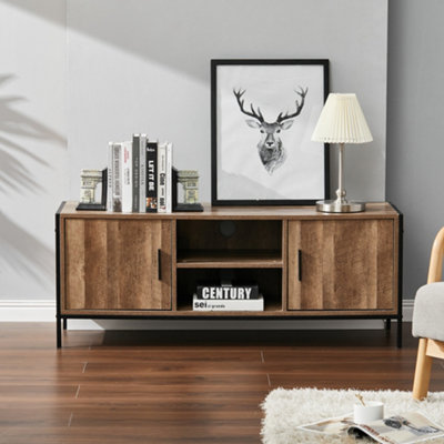 2 Door TV Stand with Metal Frame and 2 Cubby Storages Cabinets