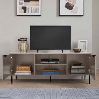 2 Door TV Unit Television Stand Entertainment Cabinet Ribbed Design Beige and Gold