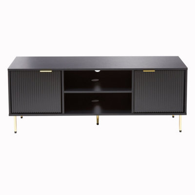 2 Door TV Unit Television Stand Entertainment Cabinet Ribbed Design Black and Gold