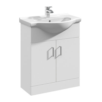 2 Door Vanity Basin Unit with Round Basin - 650mm - Gloss White