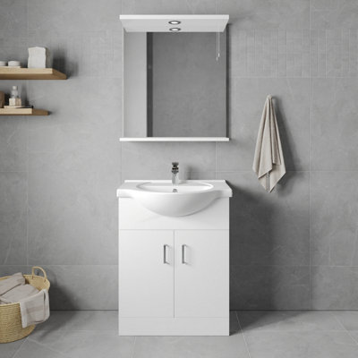 2 Door Vanity Basin Unit with Round Basin - 650mm - Gloss White