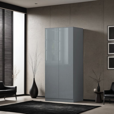 2 Door Wardrobe Double Door Push To Open Slow Close High Gloss Grey Finish