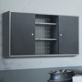 2 Doors Black Metal Wall Mounted Key Lockable Pegboard Tool Cabinet with Adjustable Shelves
