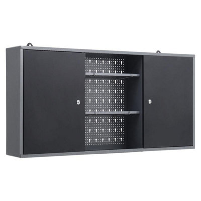 2 Doors Black Metal Wall Mounted Key Lockable Pegboard Tool Cabinet with Adjustable Shelves