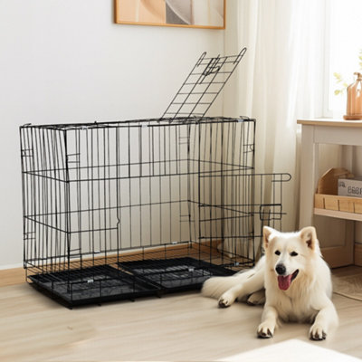 2 Doors Wire Dog Puppy Crate Cat Cage with Plastic Tray W 70 cm