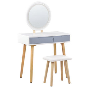 2 Drawer Dressing Table with LED Mirror and Stool White and Grey JOSSELIN