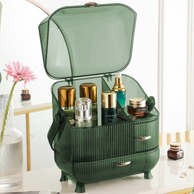 2-Drawer Green Large Dustproof Freestanding Plastic Makeup Cosmetic Organizer with Handle - 3