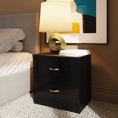 2 Drawer High Gloss Black Bedside Table Nightstand DIY at B&Q