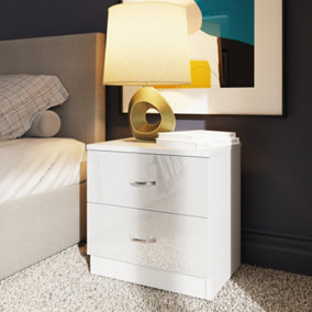 2 Drawer High Gloss White Bedside Table Nightstand