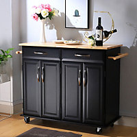 2 Drawer Kitchen Island Rolling Trolley Cart Storage Cabinet Shelves Cupboard with Rubber Wood Worktop Black