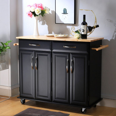 2 Drawer Kitchen Island Rolling Trolley Cart Storage Cabinet Shelves Cupboard with Rubber Wood Worktop Black