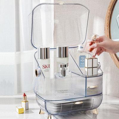 2-Drawer Transparent Large Dustproof Freestanding Plastic Makeup Cosmetic Organizer with Handle