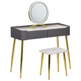 2 Drawers Dressing Table with LED Mirror and Stool Grey and Gold SURIN