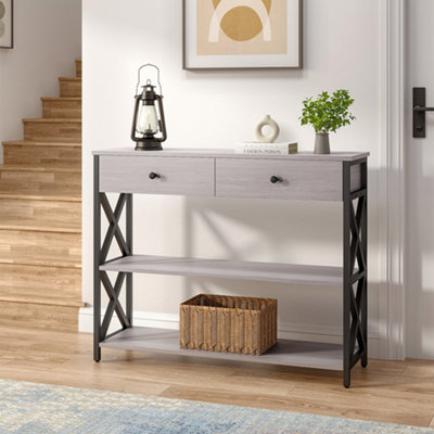 2 Drawers Narrow Console Table Sofa Couch Side Table with 2 Storage Shelves for Entryway Hallway