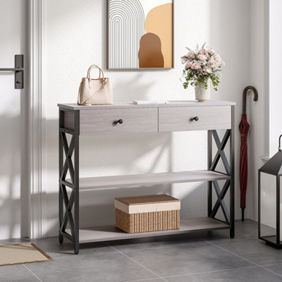2 Drawers Narrow Console Table Sofa Couch Side Table with 2 Storage Shelves for Entryway Hallway