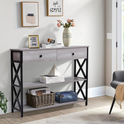 2 Drawers Narrow Console Table Sofa Couch Side Table with 2 Storage Shelves for Entryway Hallway