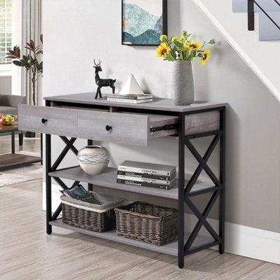 2 Drawers Narrow Console Table Sofa Couch Side Table with 2 Storage Shelves for Entryway Hallway
