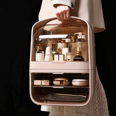 2 Drawers Pink Modern Makeup Storage and Display Box with Lid 30cm W x 20cm D x 40cm H