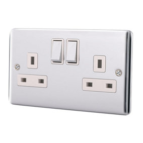 2 Gang 13A Double Pole Switched Socket - Brushed Steel