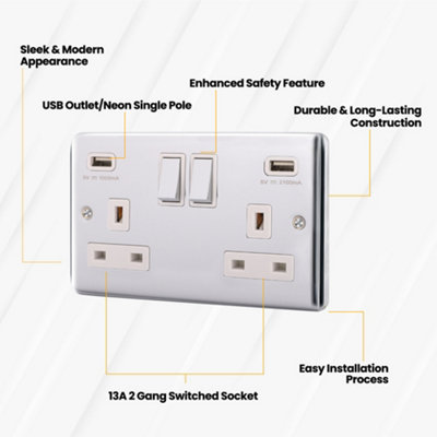 2 Gang 13A Double Pole Switched Socket - Brushed Steel