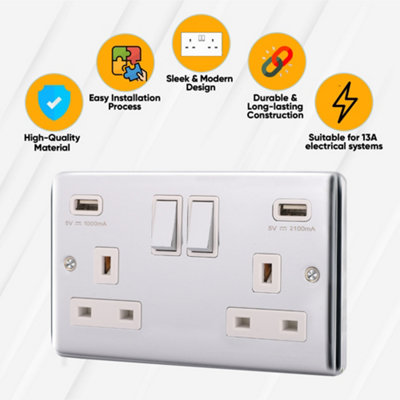 2 Gang 13A Double Pole Switched Socket - Brushed Steel